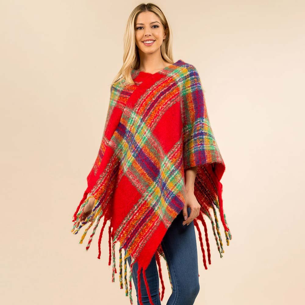 Colorful Plaid Poncho with Fringe